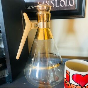 Elegant Vintage Gold-Trim Glass Carafe with Beige Handle